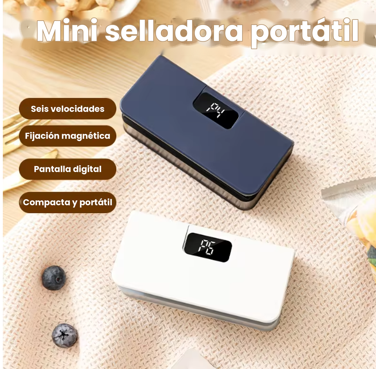 Selladora de bolsas portátil recargable con pantalla digital