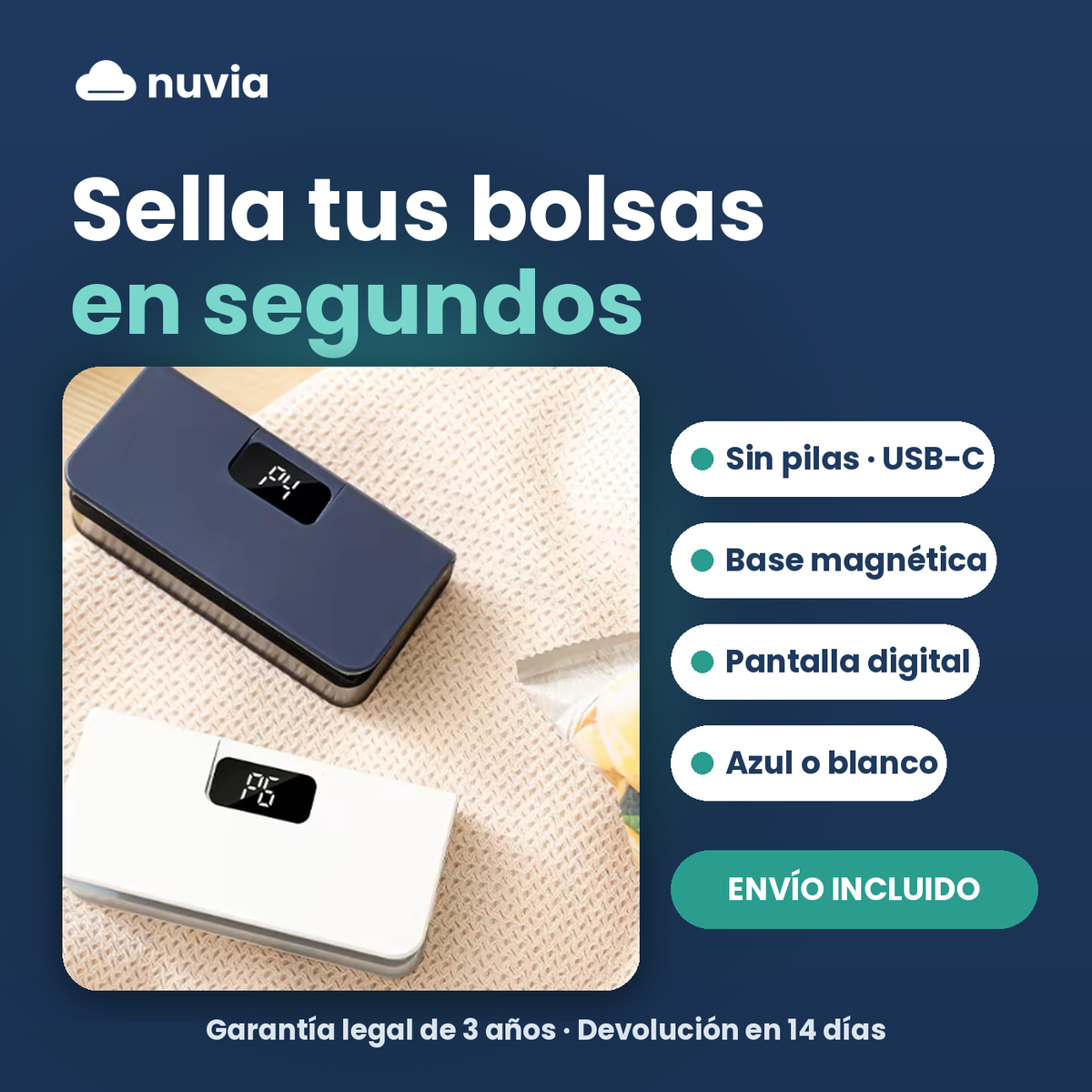 Selladora de bolsas portátil recargable con pantalla digital